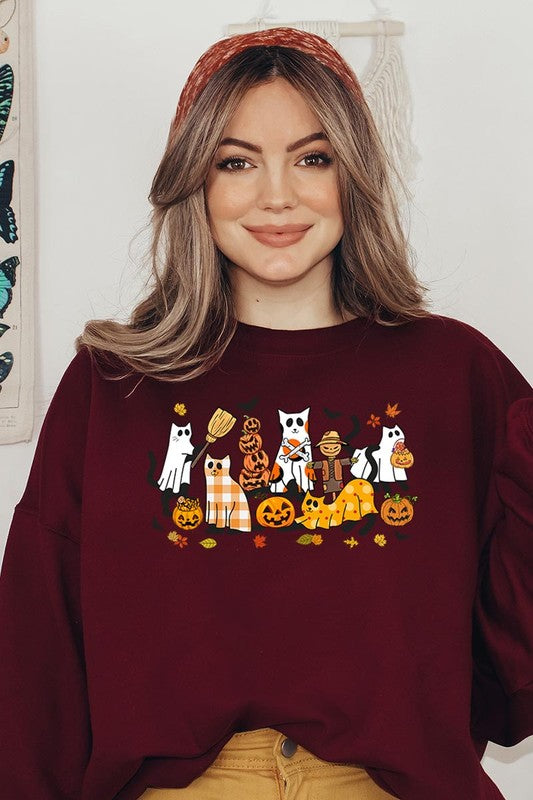 Black Cat Halloween Graphic Fleece Sweatshirt